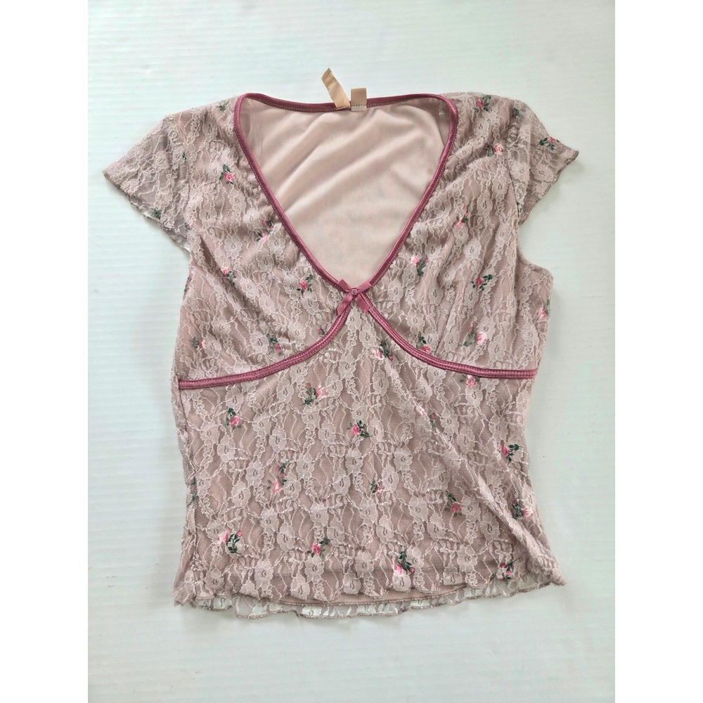 Evolutionary Pink Floral Lace V-Neck Cap Sleeve Top Coquette Y2K Medium